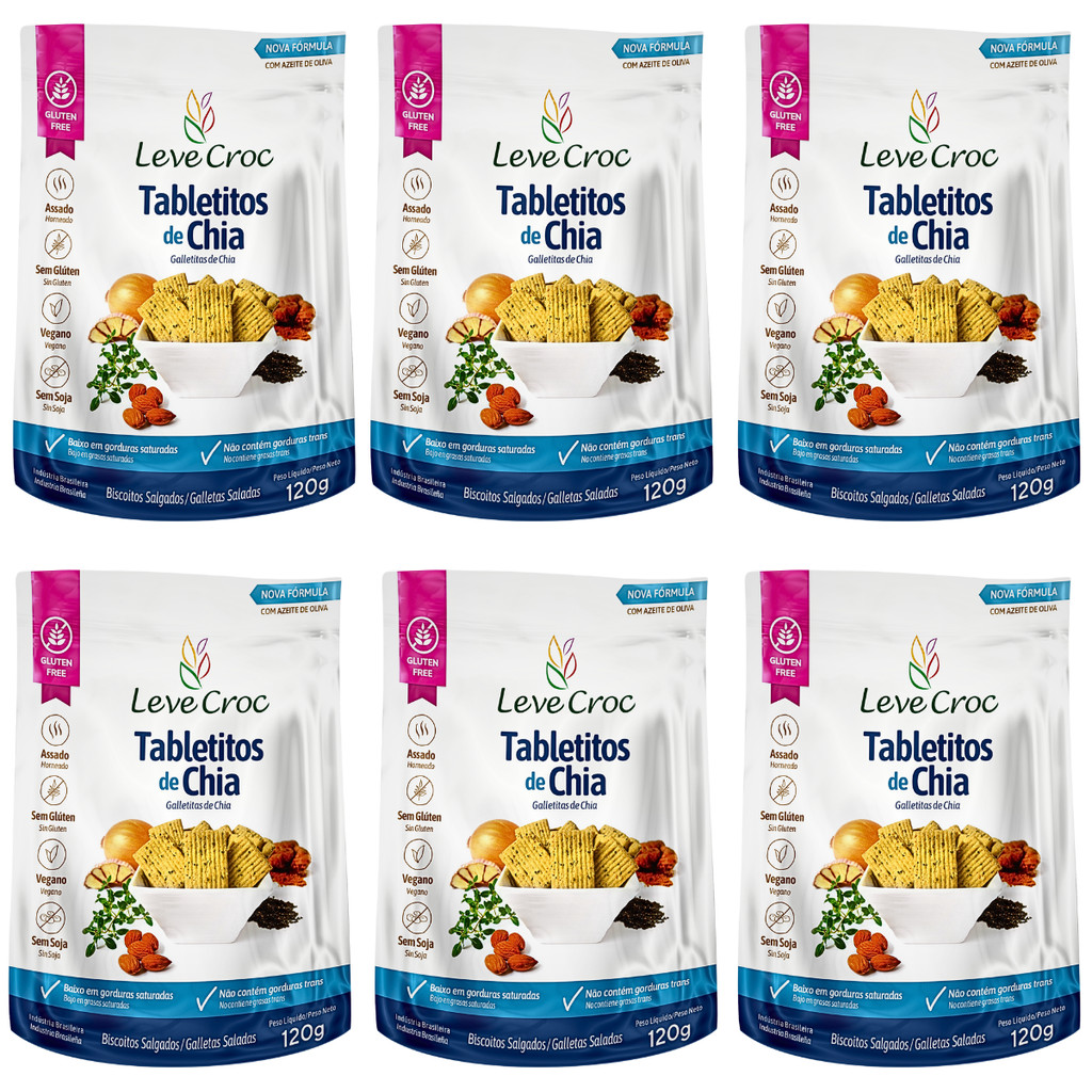 Kit 6 Biscoito Tabletitos Salgado Chia 120g  Leve Croc