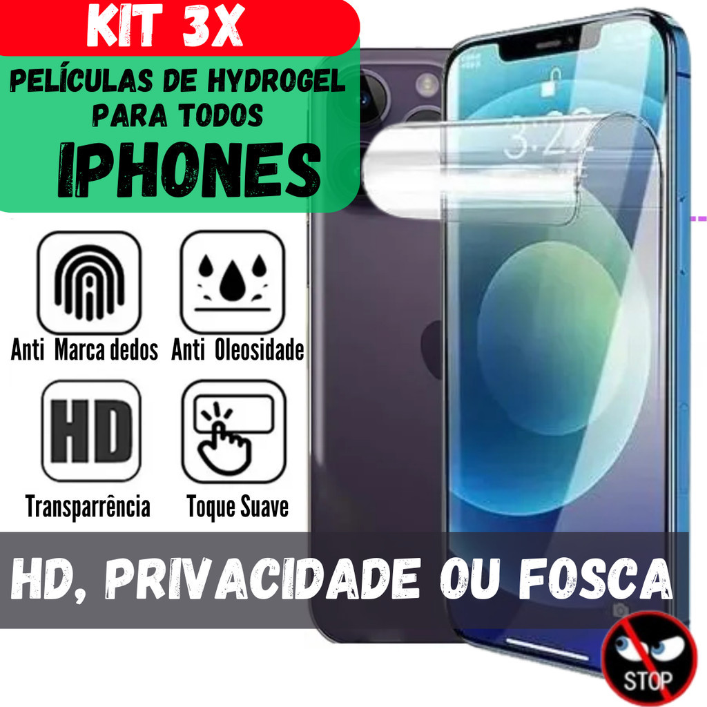 3 Películas Hidrogel Privacidade, Fosca ou HD  P/ iPhone 17, 16,15,14,13,12,11, 12,13, 8 7  Pro Max, Plus Mini XR, X,XS em Oferta na Shopee