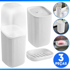 Kit Banheiro Lavabo Saboneteira Porta Escova De Dente Porta Algodão Plástico Várias Cores