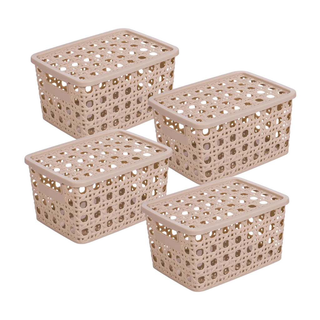 Kit 4 Caixa Organizadora Rattan 8 Litro Multiuso com Tampa Brinquedo Armário Escritório Lavanderia