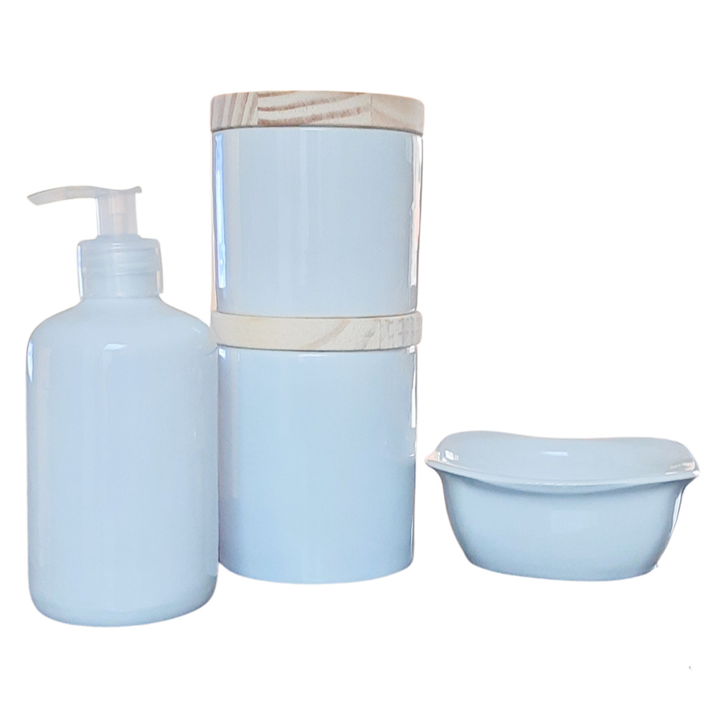 Kit higiene bebê 4 peças - Potes, porta álcool e molhadeira -Porcelana Branca tampa pinus