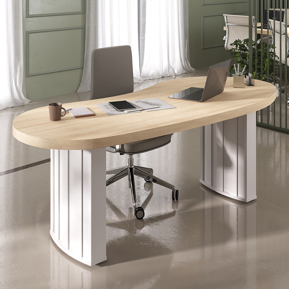 Mesa Para Escritório 200cm Tamburato Curves A02 Carvalho Branco - Lyam Decor