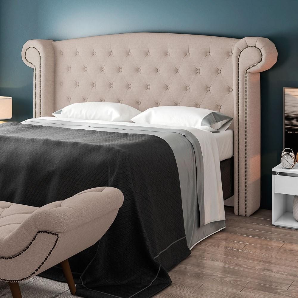 Cabeceira Cama Box Casal Queen 160cm Provença com Calçadeira Vêneto P02 Linho Bege Cru - Mpozenato