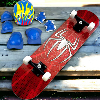 SKATE MENINO HOMEM SPIDER ARANHA COM KIT CAPACETE PROTEÇÃO AZUL