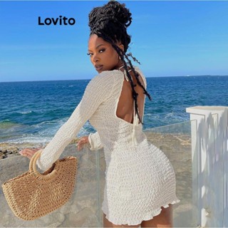 Lovito Vestido sexy liso plissado com renda e alface sem costas para mulheres LNL53038