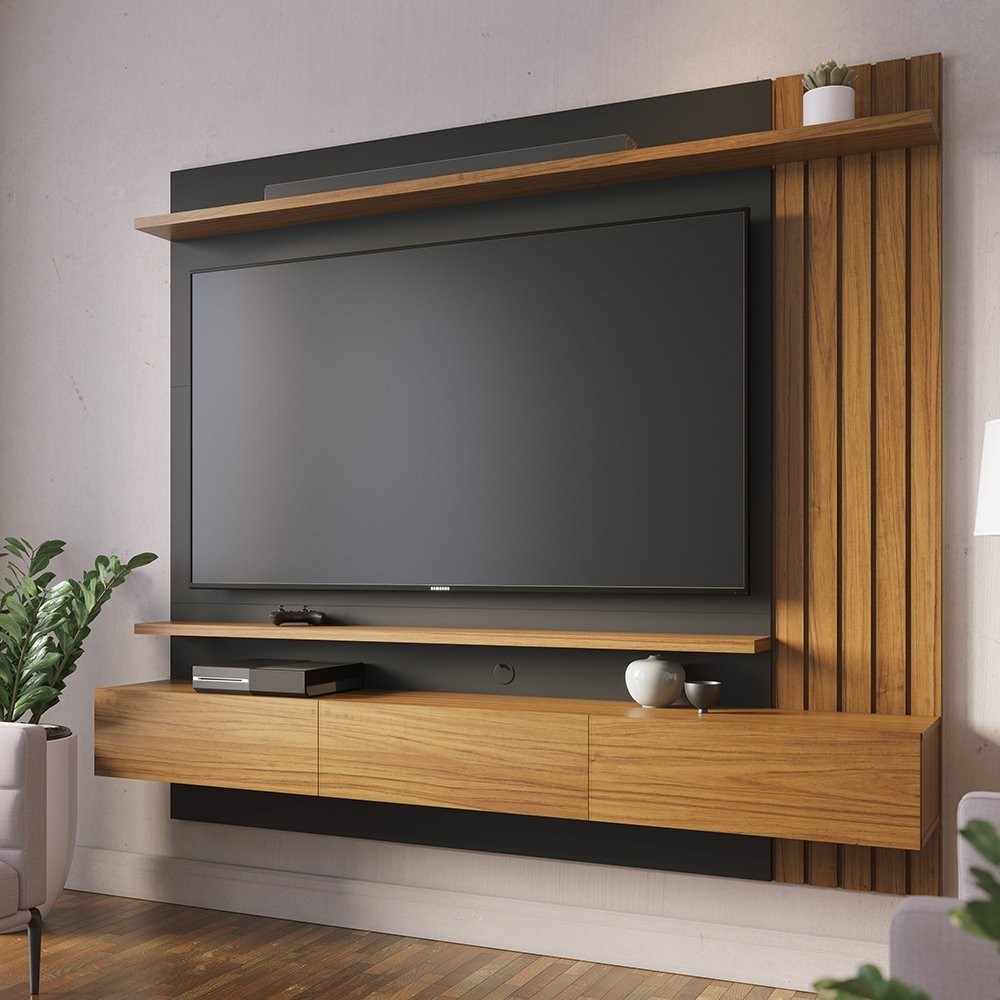 Painel para Tv até 70 Polegadas 3 Portas Basculantes 2 Prateleiras Juriti Noce Milano/Preto Fosco - Home & Living