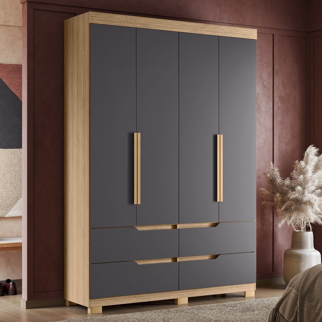 Guarda Roupa Solteiro 4 Portas 4 Gavetas Doble  Freijó/Titanium em Oferta na Shopee