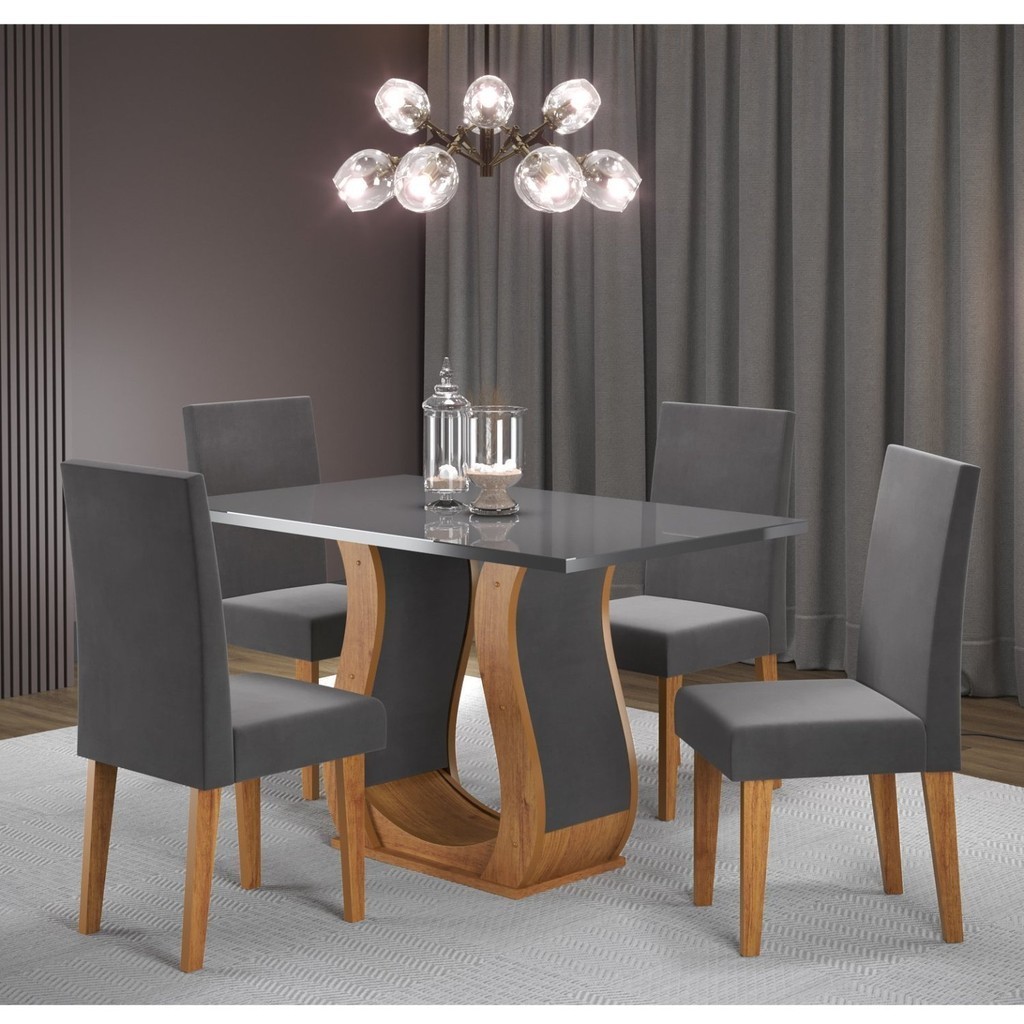 Conjunto de Jantar Mesa 120x80cm Tampo Vidro/mdp Inovare com 4 Cadeiras Venus Mel/Grafite - Home & Living