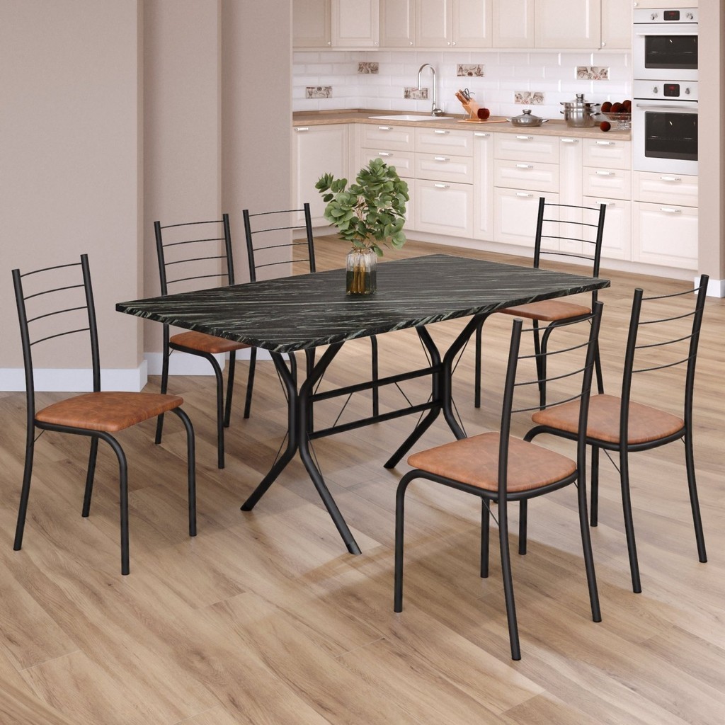 Conjunto Sala de Jantar Mesa Retangular 140x75cm Tampo Ardósia Indiana 6 Cadeiras Rio Marrom/Preto em Oferta na Shopee