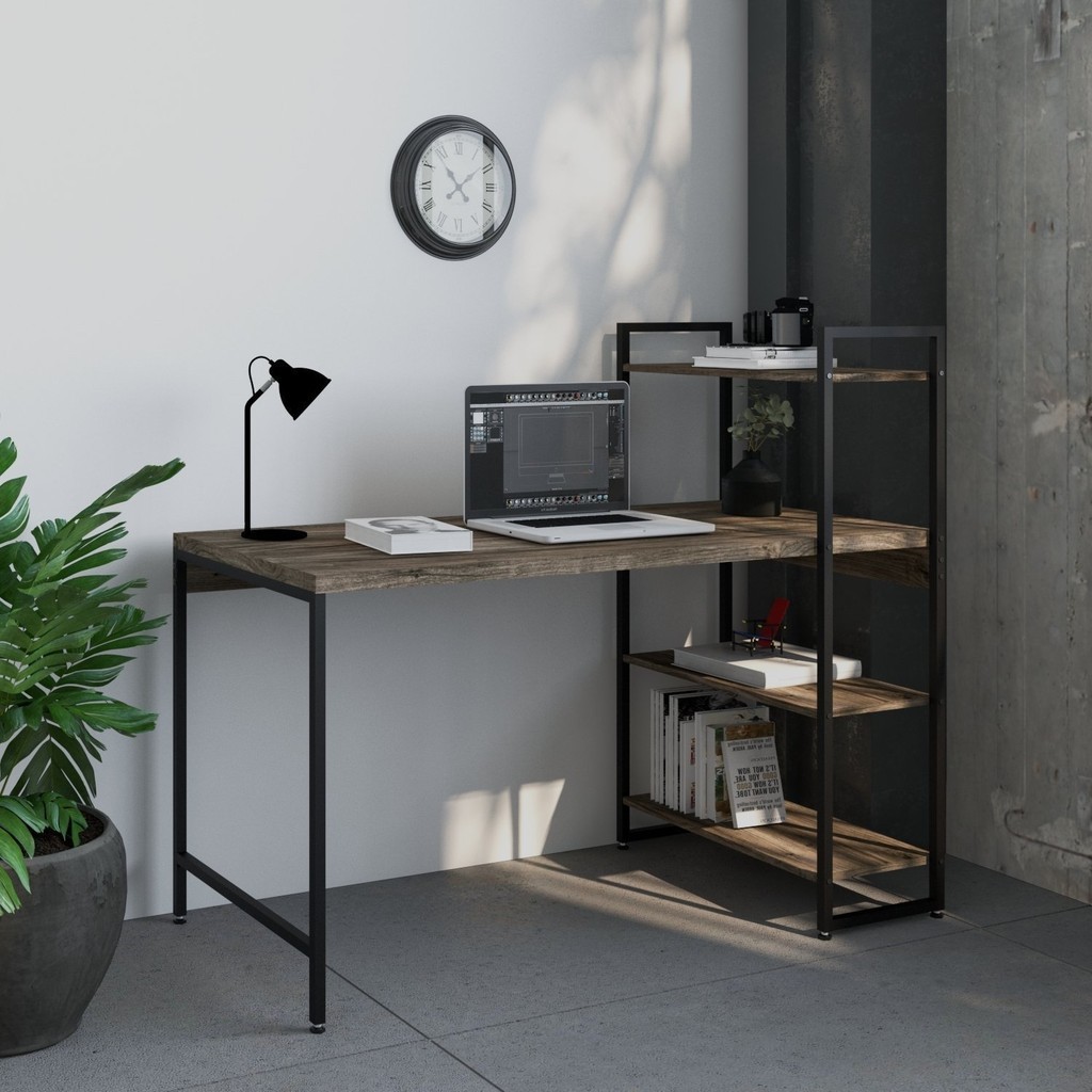 Escrivaninha com Estante 3 Prateleiras Estilo Industrial 135cm Active Yescasa Carvalho Dark - Home & Living