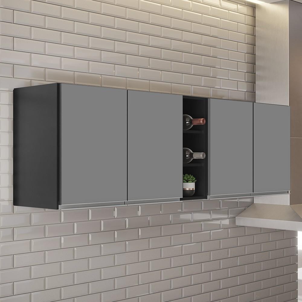 Armário de Cozinha Aéreo Califórnia Kit 2 e Nicho Adega Riad 180cm Preto/Cinza - Lumil em Oferta na Shopee
