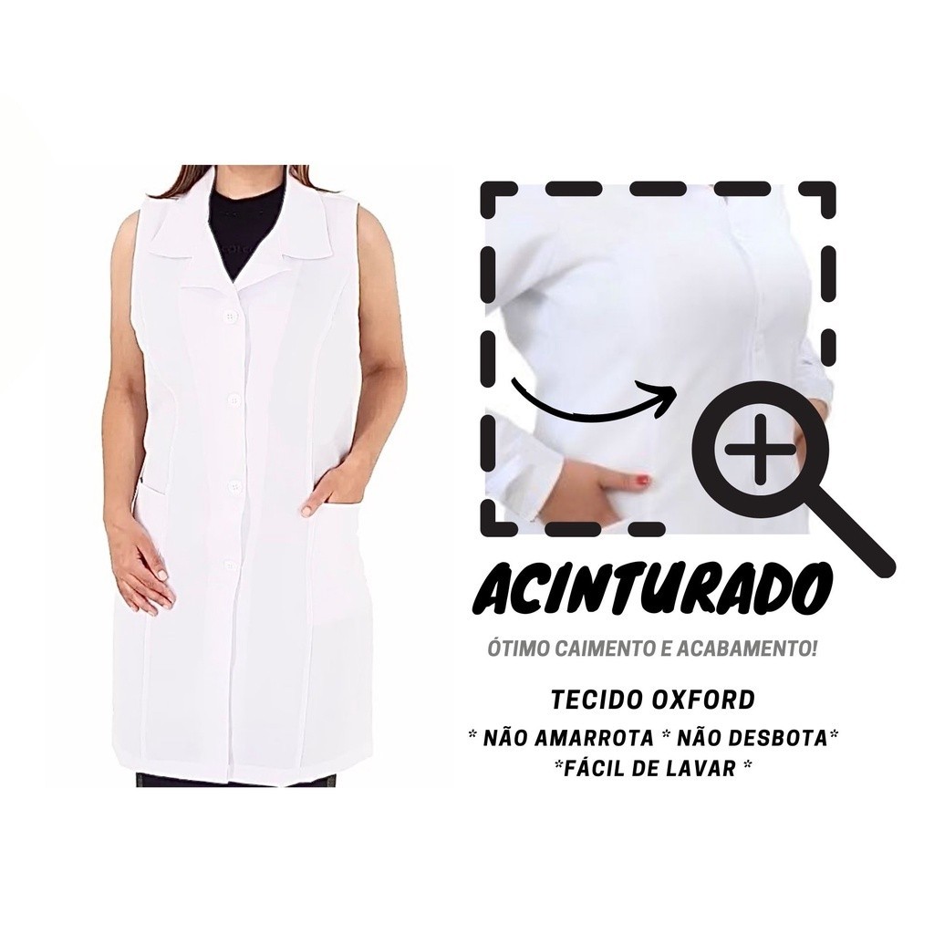 JALECO FS Acinturado Feminino Sem Manga regata oxford Preto Rosa Branco professora manicure hospital