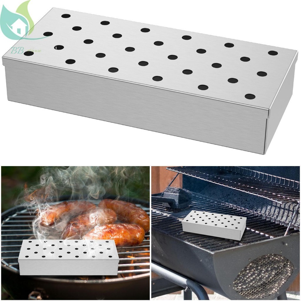 2Pcs Caixa Fumaça Chip Smoker Box Churrasqueira De Aço Inoxidável Reutilizável Grill Com Tampa Para Gás Grills Carvão Vegetal 9x4 Polegadas SHOPQJC5039