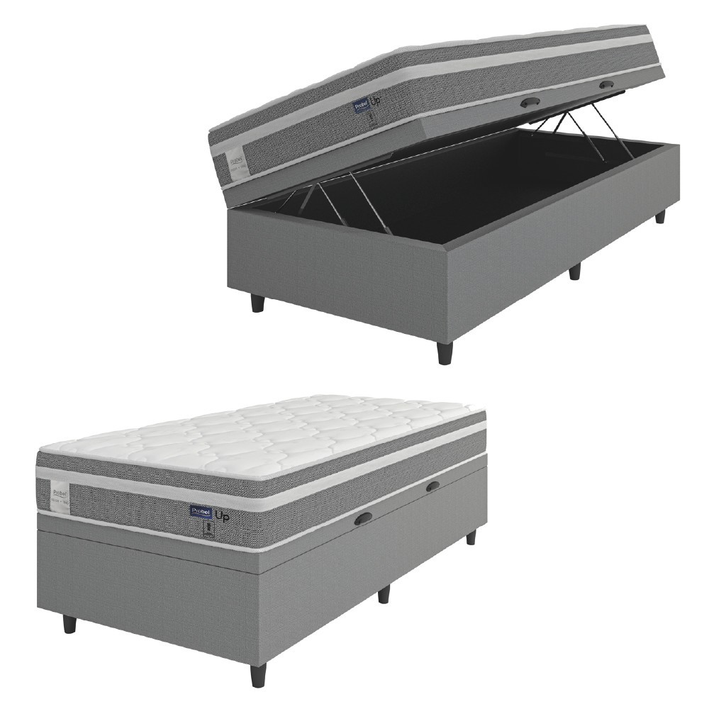 Cama Box Baú Colchão Solteiro Molas Ensacadas Euro In Up 88x188x67cm Cinza / Branco Probel - Home & Living