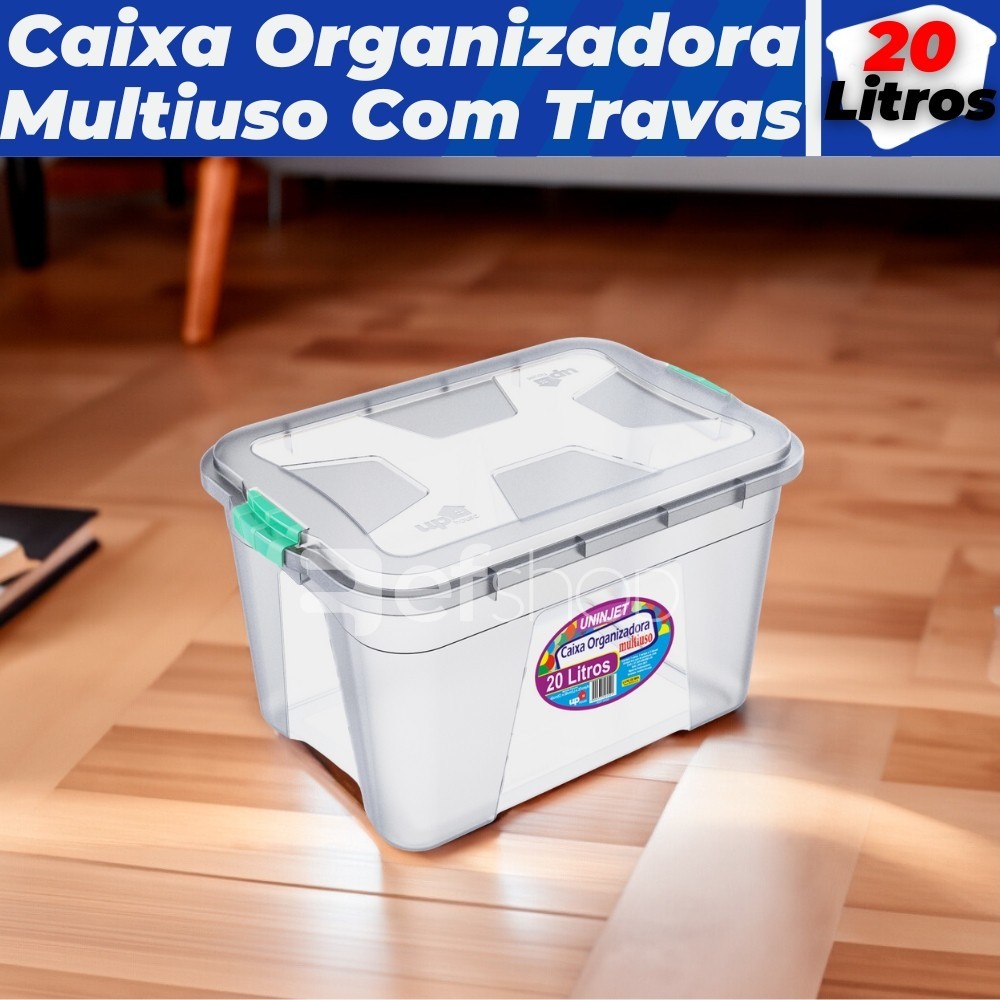 Caixa Organizadora Transparente 20 Litros Com Travas Uninjet