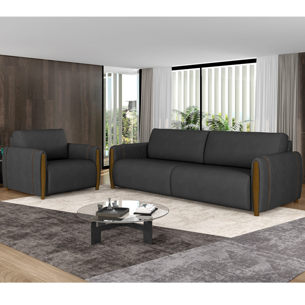 Kit Sofá 3 Lugares Sala Estar 223 Com Poltrona Flora Pés Madeira M03 Couríssimo Preto - Lyam Decor