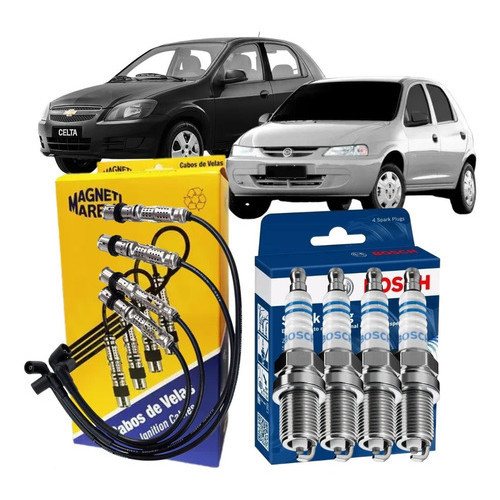 Kit 04 Cabo + 04 Vela Magneti Marelli Bosch Celta Life 1.0 Lt 1.0 Spirit 1.0 Super 1.0 / 1.4
