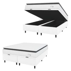 Cama Box Colchão Baú Casal Queen Molas Ensacadas City Pillow Top 158x198x64cm Branco/Preto