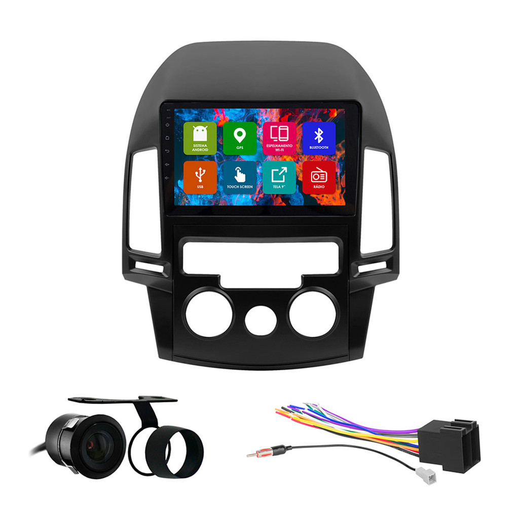 Kit Multimídia 9 Pol I-30 Ar Analógico 09 A 13 Android 2Gb Ram 32Gb Flash Quad-Core 2 Din Preto Wifi Gps Ips Camera Ré