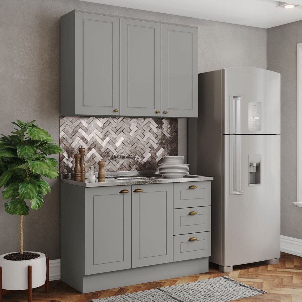 Cozinha Compacta Americana 5 Portas 3 Gavetas 100% Mdf Cinza - Henn em Oferta na Shopee