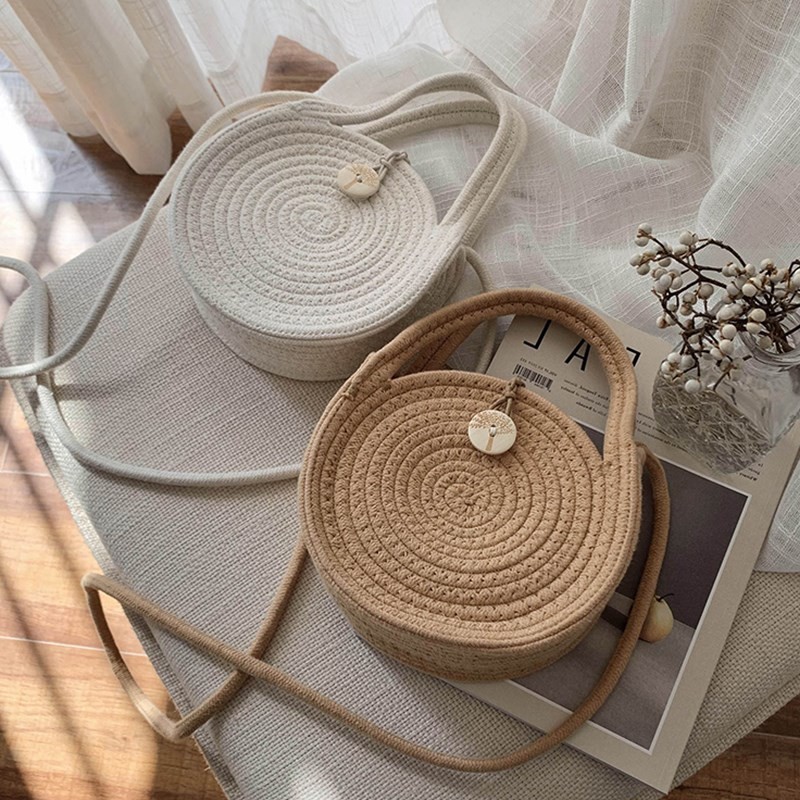 Bolsa Feminina Verão Redonda Algodão Tecido À Corda Praia De Palha Boêmia Feito Mão