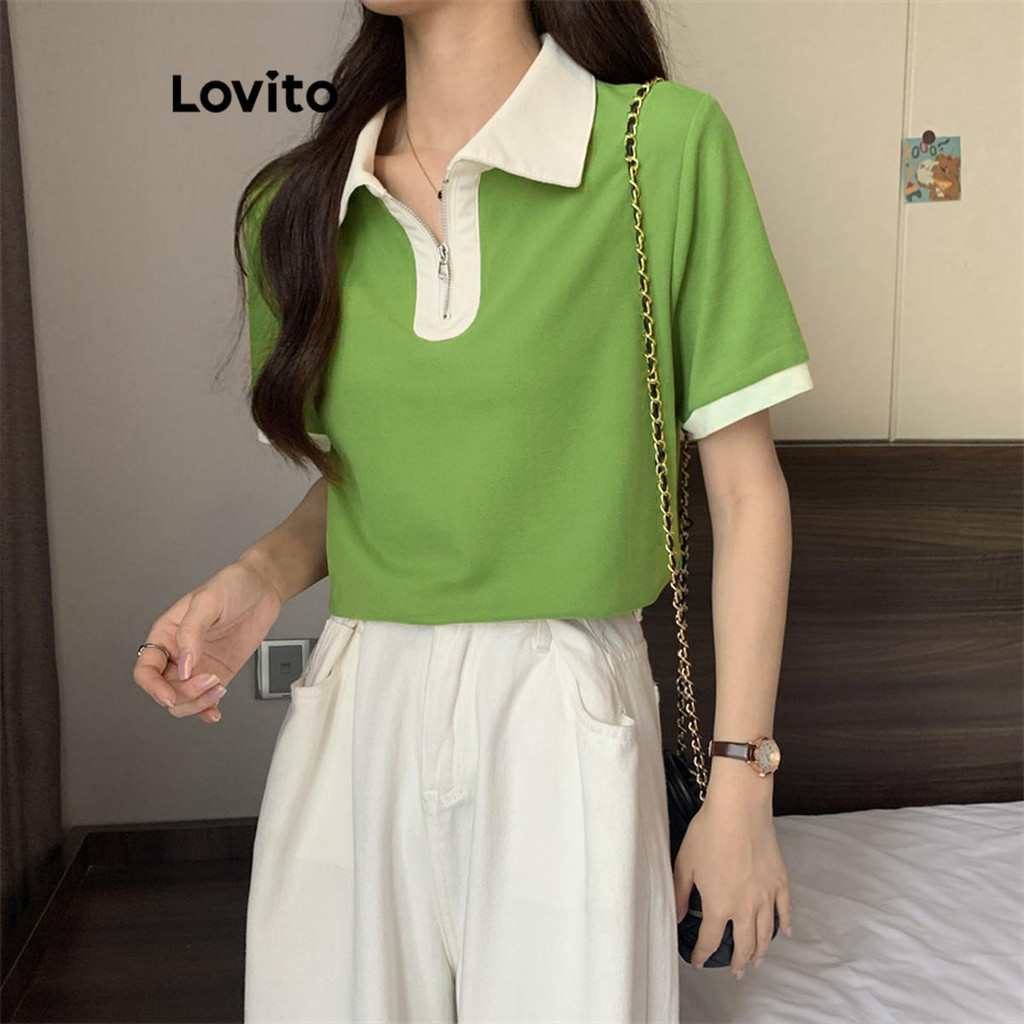 (Trendy) Lovito Camiseta Casual Lisa Colorblock Com Zíper Para Mulheres LNE39539 (Branco Off/Verde/Azul Marinho) - Women Clothes