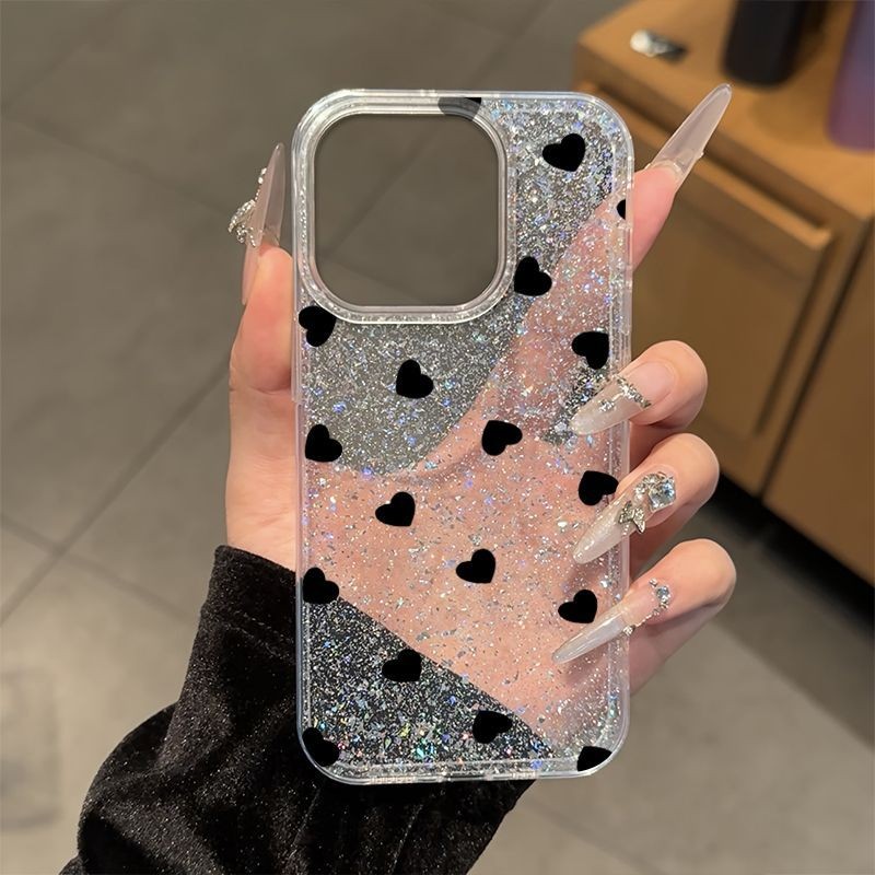 Tela cheia preto pequeno coração adequado para 15promax Apple 16 caso de telefone 14promax Strobe 13 transparente 12 mod em Oferta na Shopee