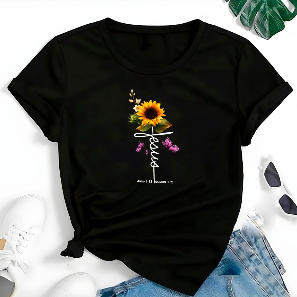 Blusa T-shirt Linda Camiseta Feminina Jesus Cristo Girassol Camisa em Oferta na Shopee