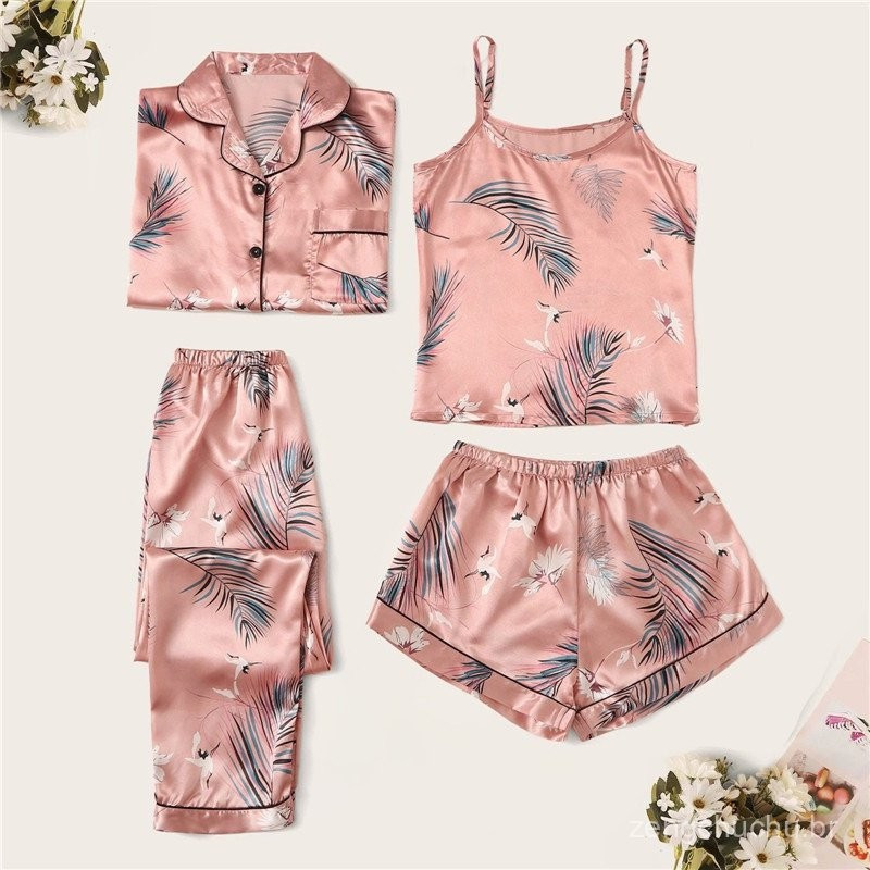 Conjunto de Pijama de Seda de 4 Peças para Mulheres, Roupa de Noite Sexy, Shorts Eróticos, Calças de Pijama Justas