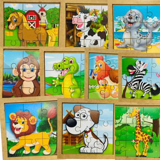 Kit 5 Quebra Cabeça Mdf 9 Peças Jogo Pedagógico Lúdico Animais Fazenda Safari
