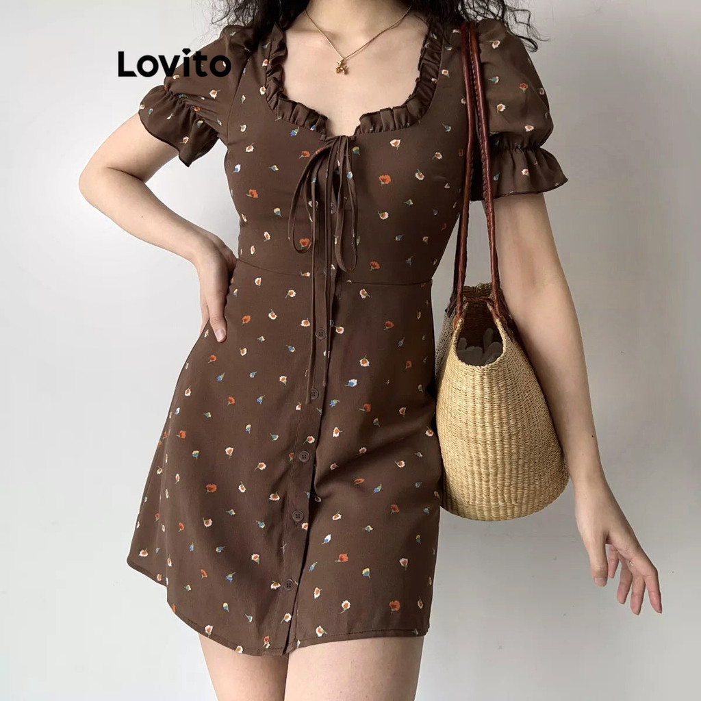 (Trendy) Lovito Vestido casual Ditsy com babados florais para mulheres L88AD275(Multicolorido) - Women Clothes