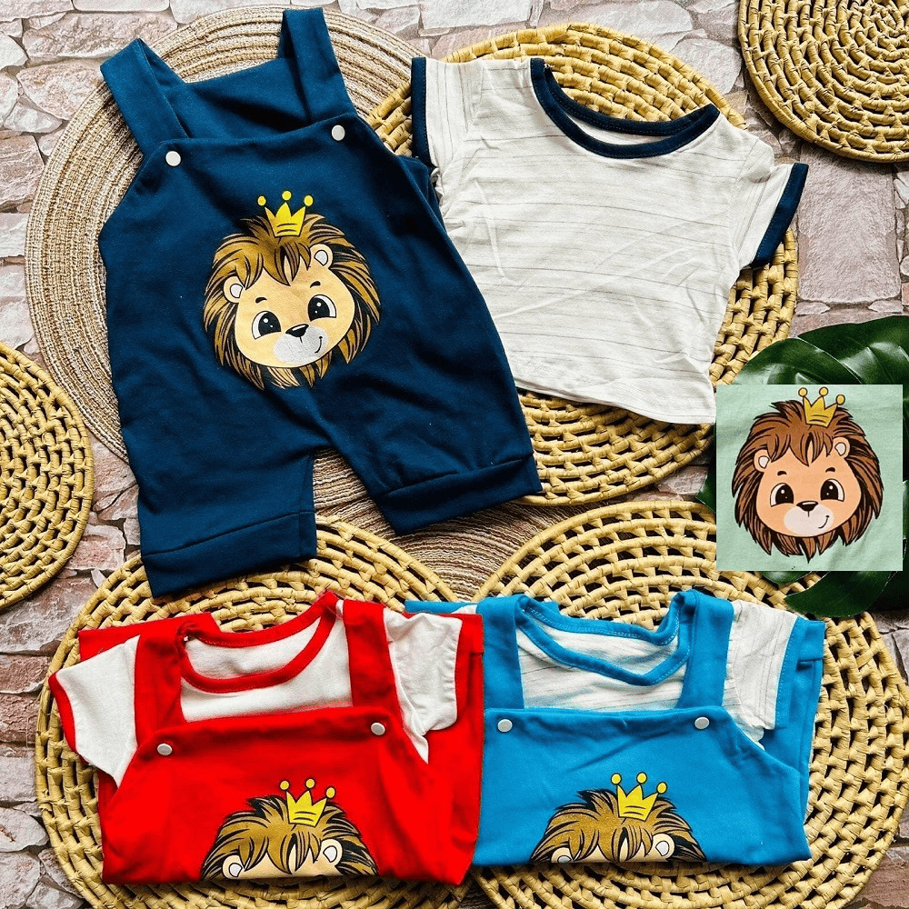 Conjunto Jardineira de Bebê Menino + Camiseta - Temático Leão Príncipe Roupinha de Bebê