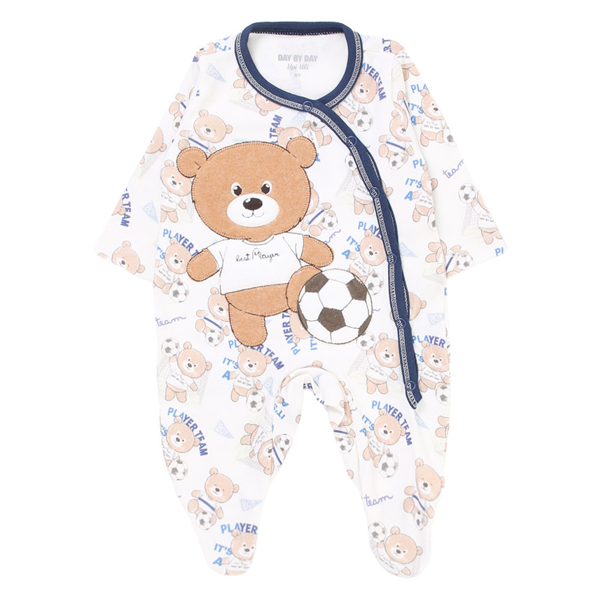 Macacão Longo Bebê Day By Day Suedine Estampa Bordado Ursinho e Bola em Oferta na Shopee