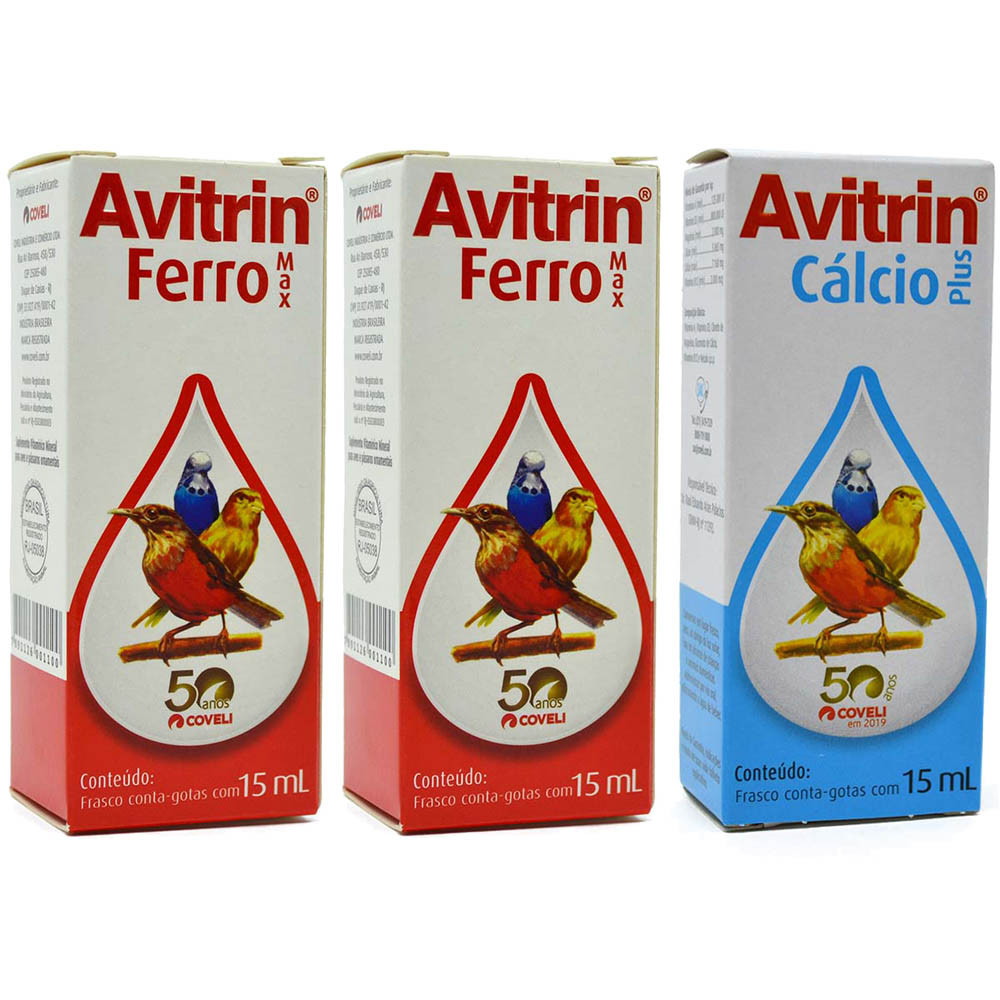 Kit 2 Avitrin Ferro Max 15ml + 1 Avitrin Cálcio 15ml - Coveli