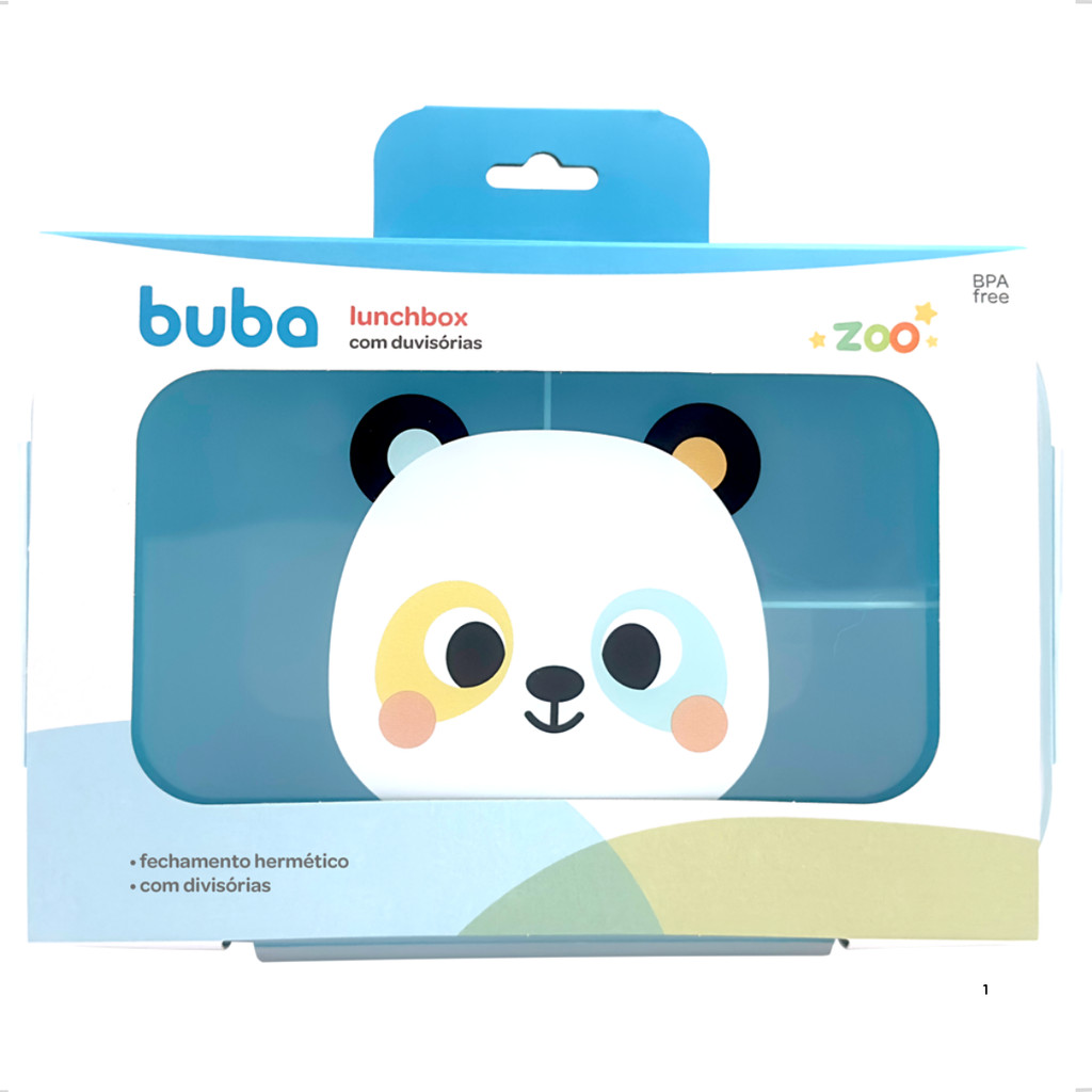 Pote LunchBox Hermético Divisória Buba Zoo Panda Azul Marmita Escola Lancheira Lanche Menino Criança