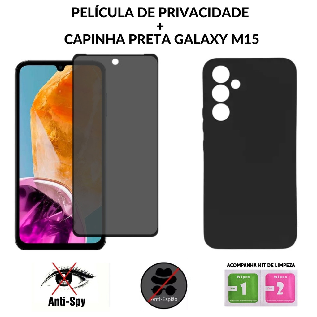 Película de Vidro Privacidade Samsung Galaxy M15 + Capa Silicone Veludo Preta em Oferta na Shopee