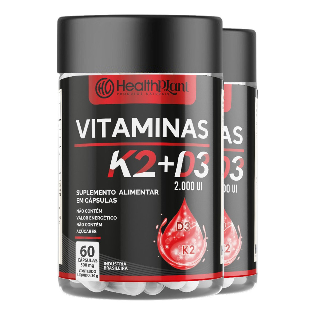 Kit 2 Potes Vitamina K2 + Vitamina D3 2000ui 500mg 120 Caps