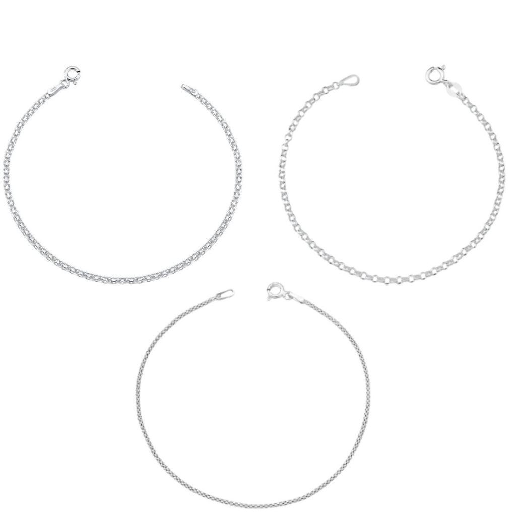 Kit 3 Pulseiras Feminina de Prata 925 Bismark Elo Português e Pipoca Diamantada em Oferta na Shopee