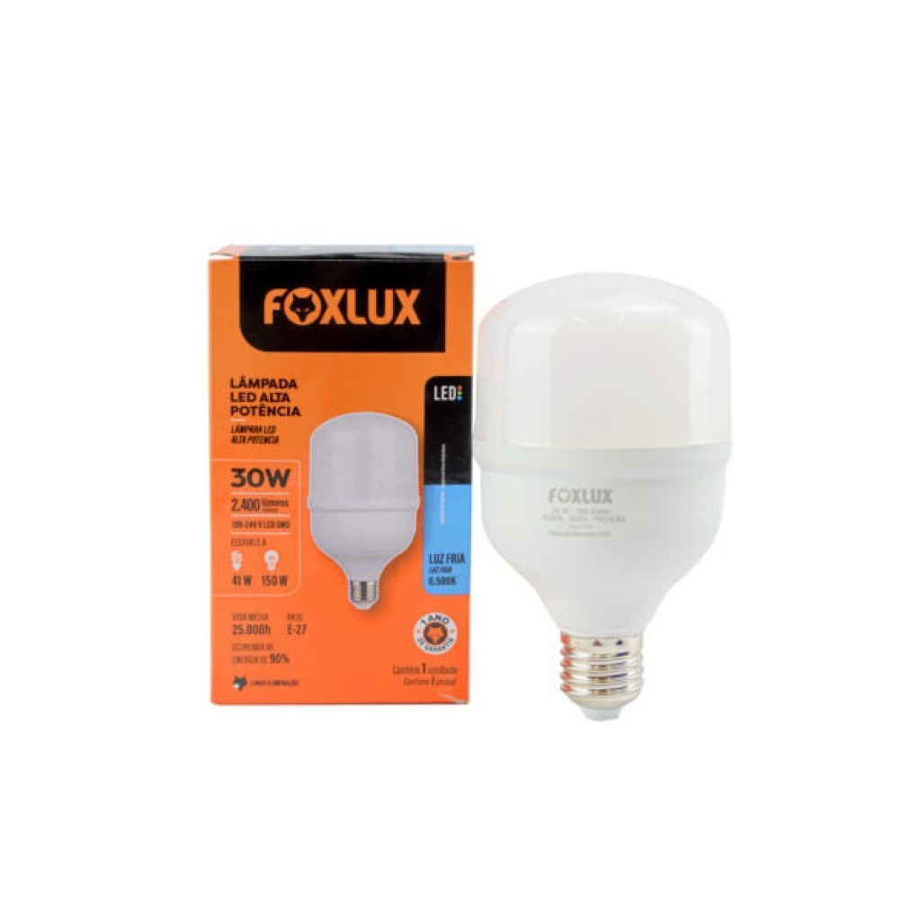 Lâmpada LED Alta Potência Foxlux 30W 6500K Branca Fria 2400lm E27 Bivolt Residências Comércios