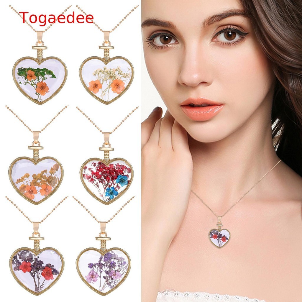 【 TOG 】 Heart Colar De Flores De Vidro Seco Renda Natural Ouro