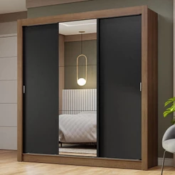 Guarda-Roupa Casal 3 Portas de Correr com Espelho Rustic/Preto Nobre Madesa