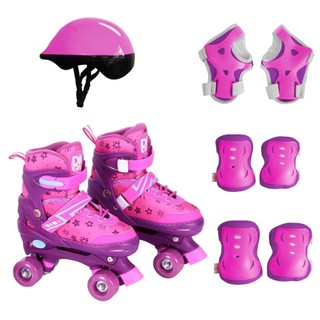 Patins Roller Rosa Infantil Ajustável 4 Rodas com Proteção