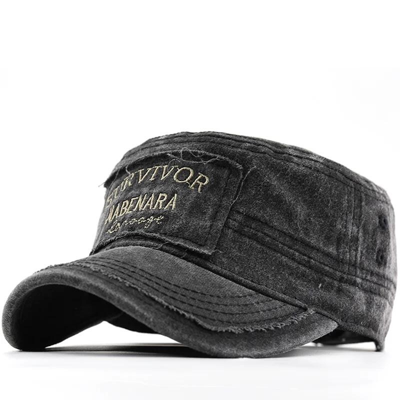 Casual Washed Cotton Flat Top Hat Adjustable Fisher Military Caps Men Women Cadet Army Cap Unique Design Vintage Four Se