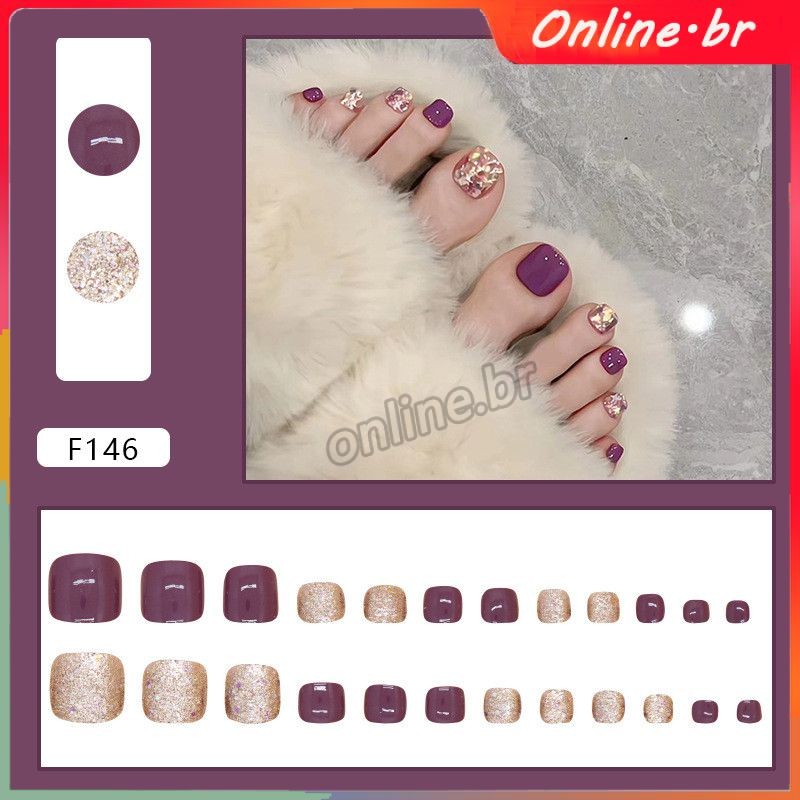 ✅ New Handmade Toenail Fake Nails Purple Large Sequins White Nail Art Wearing Armor 24Pcs/Pair Detachable Pre-made DIY Manicure Tools For Nail Shop Oline.br