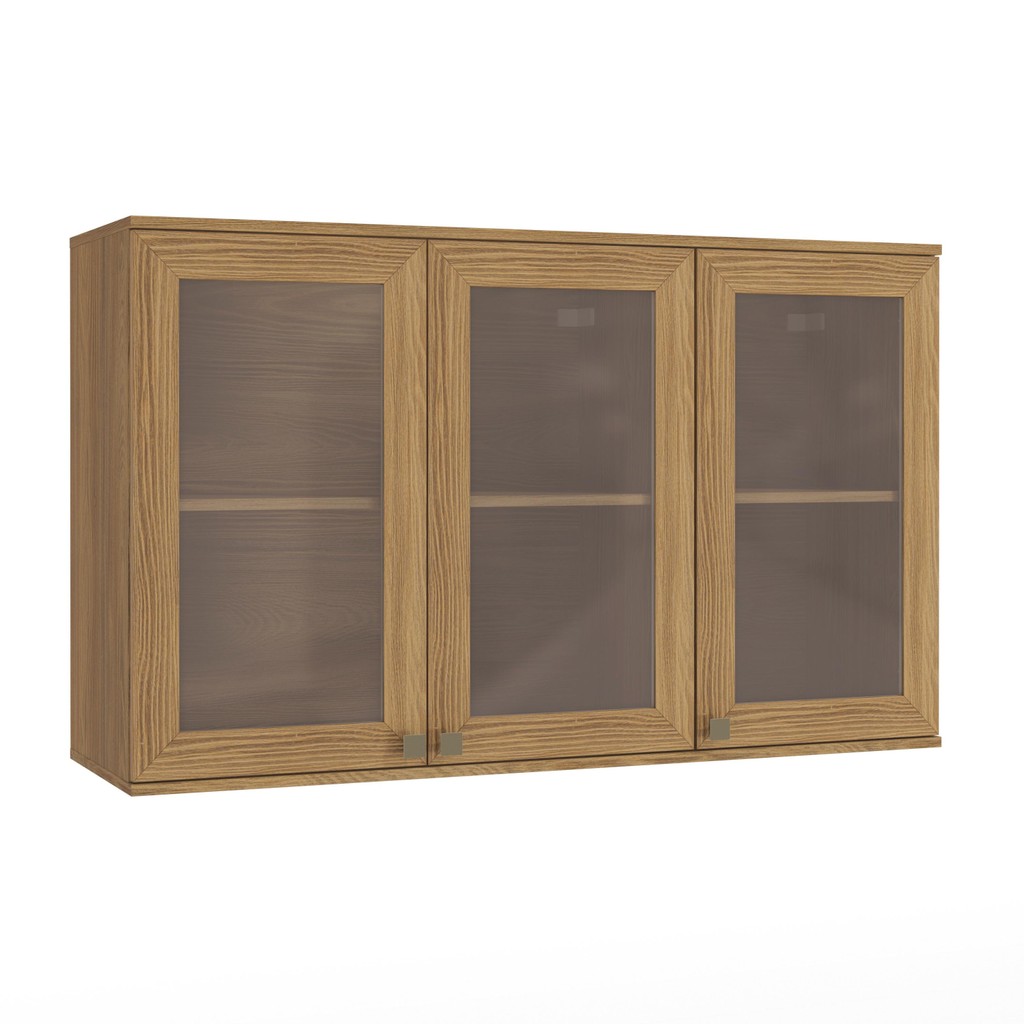 Armário Aéreo Celeste Kappesberg 100% MDF 3 Portas com Vidro Nogueira 120cm em Oferta na Shopee