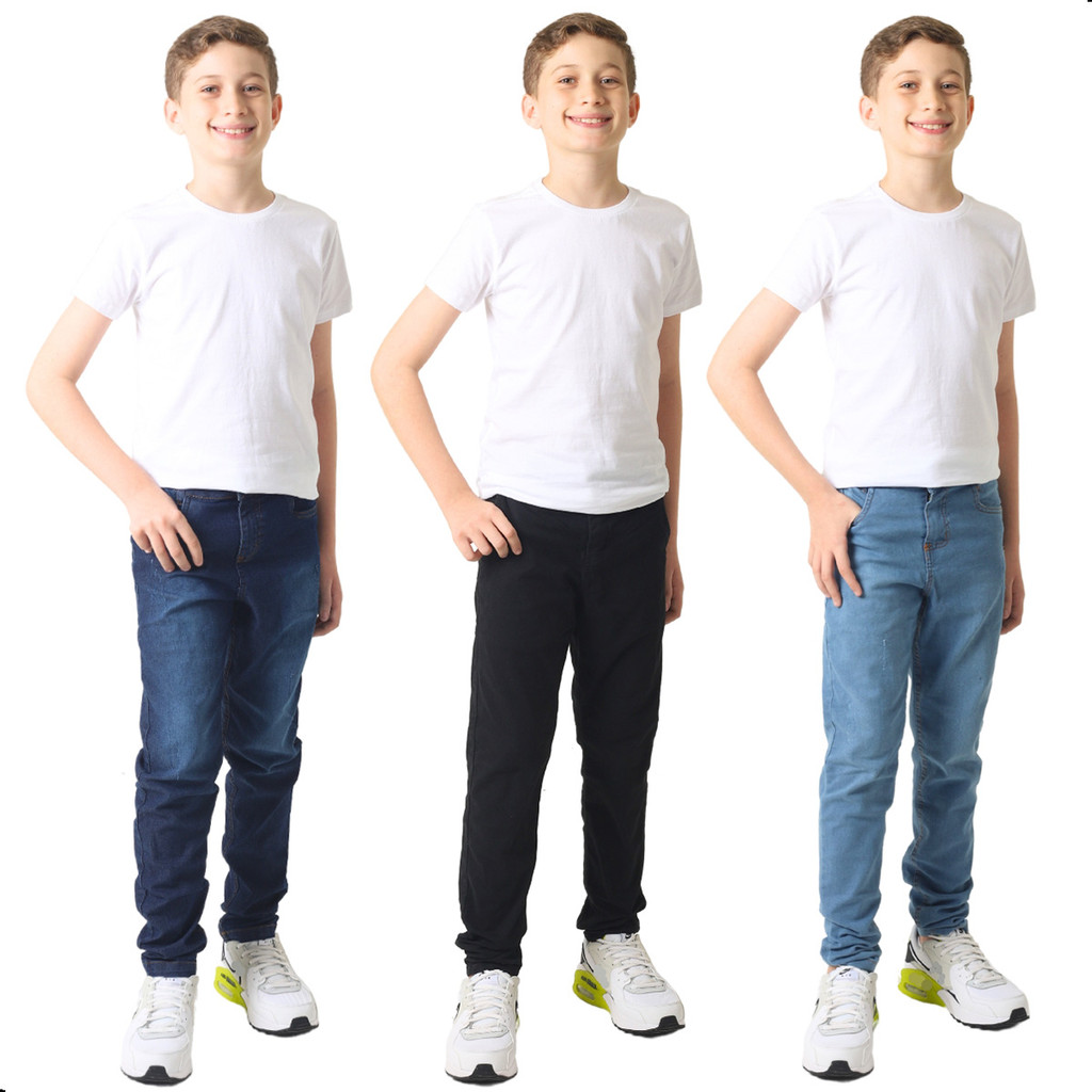 Kit Com 3 Calcas Jeans Infantil Lycra Menino Juvenil Masculina Elastano Com Regulador