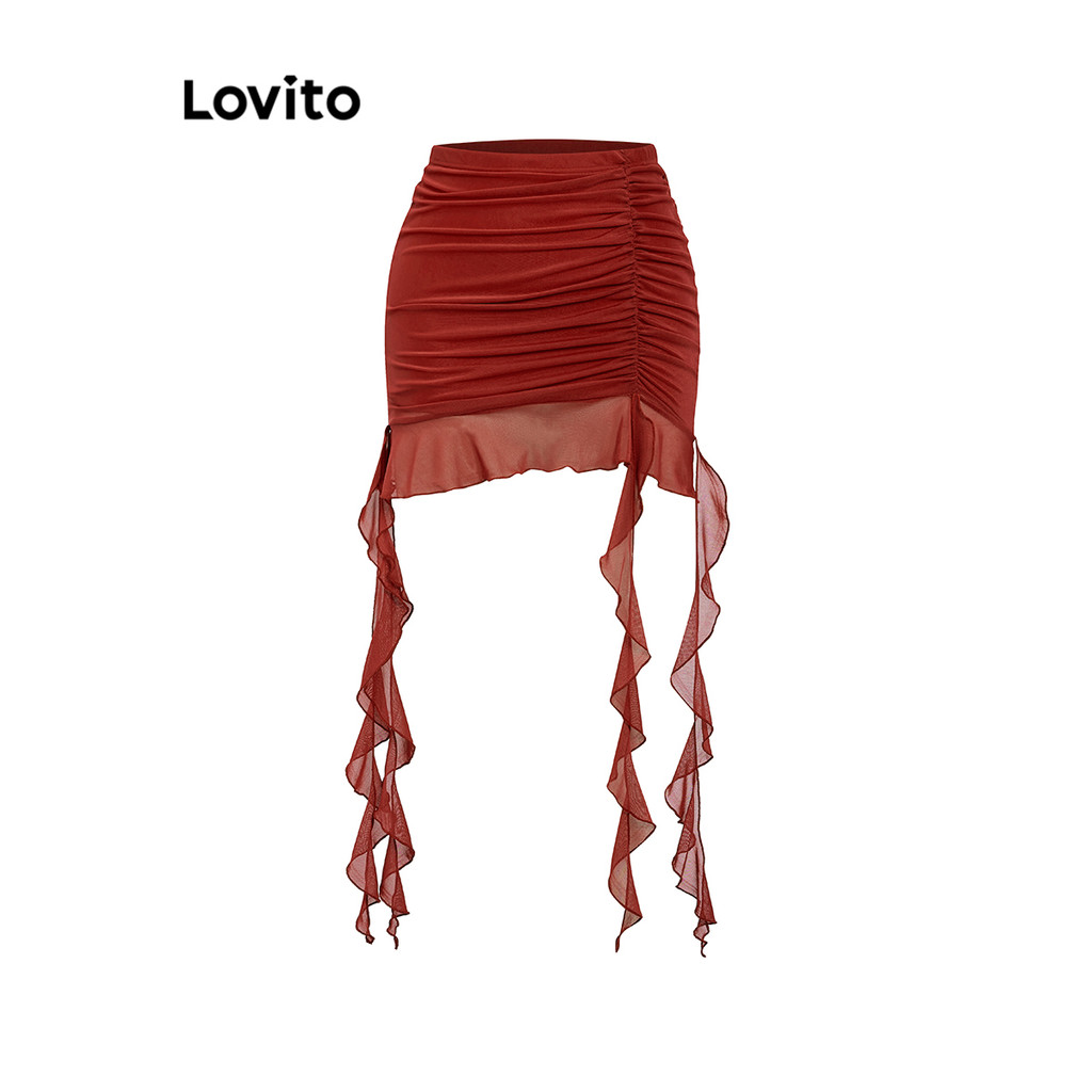 Lovito Saia de malha com bainha lisa com babados para festa para mulheres L97AD003