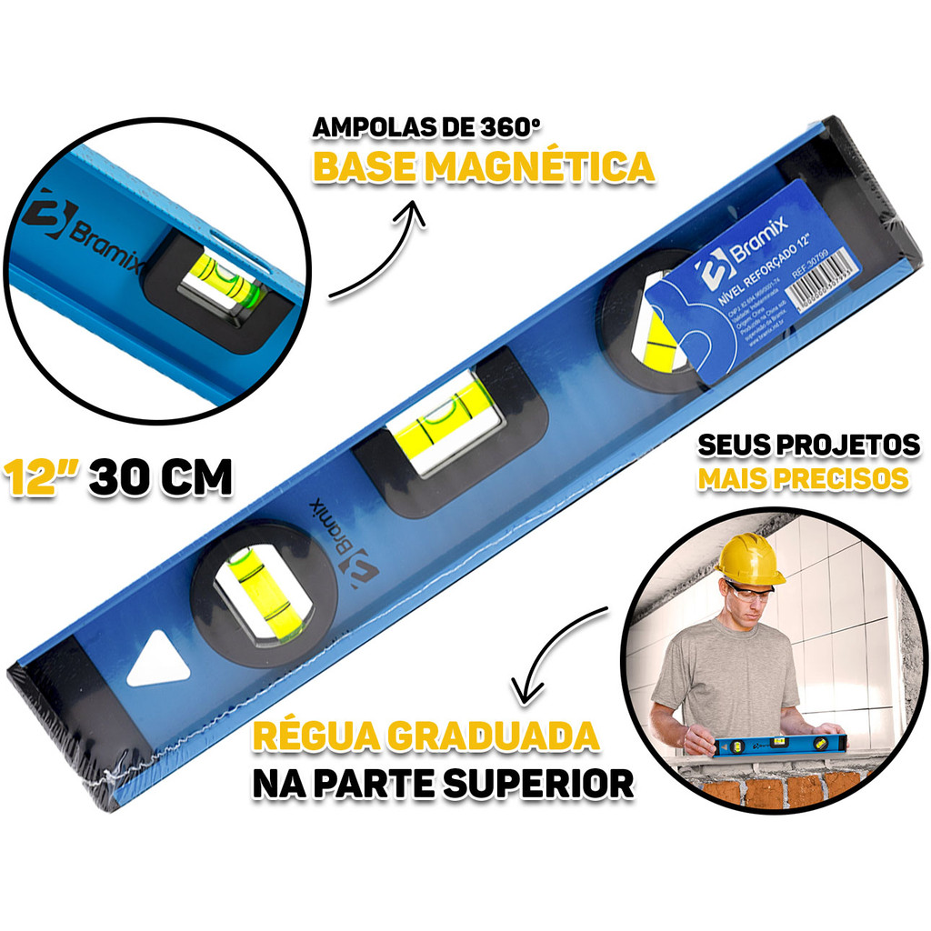 Nível Alumínio 30cm Reforçado Base Magnética Três Bolhas Com Régua Profissional 12 Polegadas Bramix em Oferta na Shopee