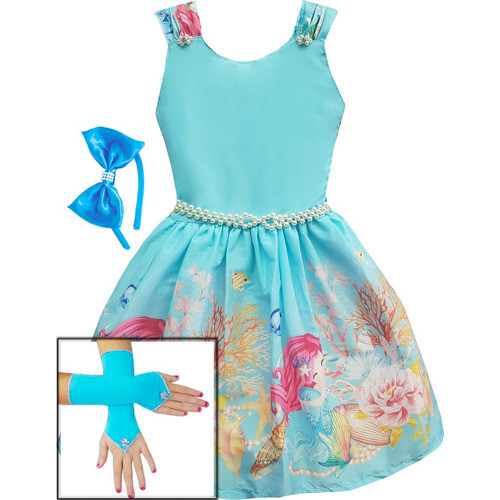 Vestido Infantil Pequena Sereia Tematico Para Festa Aniversario Com Luva Tiara