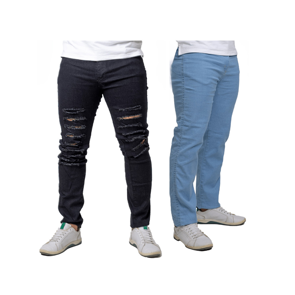 KIT 2 Calça Masculina Jeans Slim FIT Azul Clara Lisa e Preta Rasgada c/ Elasticidade Lycra Elastano